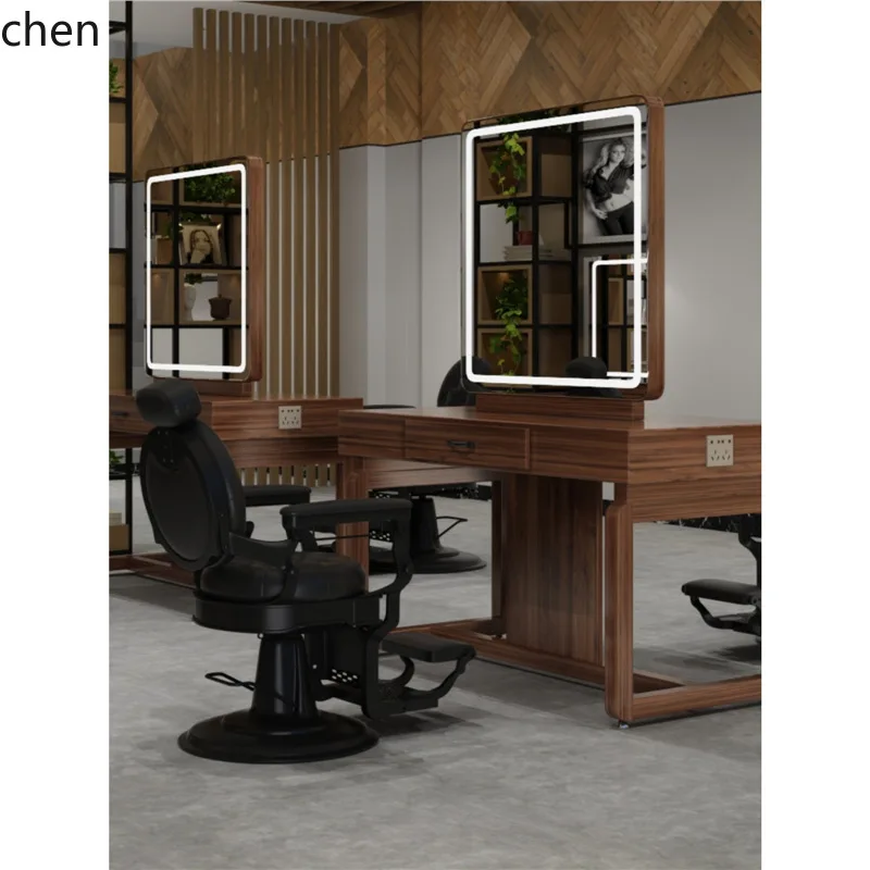 YFY Retro Hair Salon Mirror Stand Hair Salon Special Haircut Mirror Solid Wood Men's Oil Head Salon Barber Shop Mirror