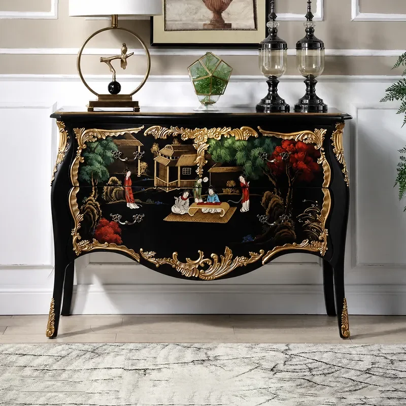 New Chinese Style Chest Bedroom Storage Cabinet Ming Qing Classical Wall Drawer Cabinet Painted Figure Solid Wood Decorative