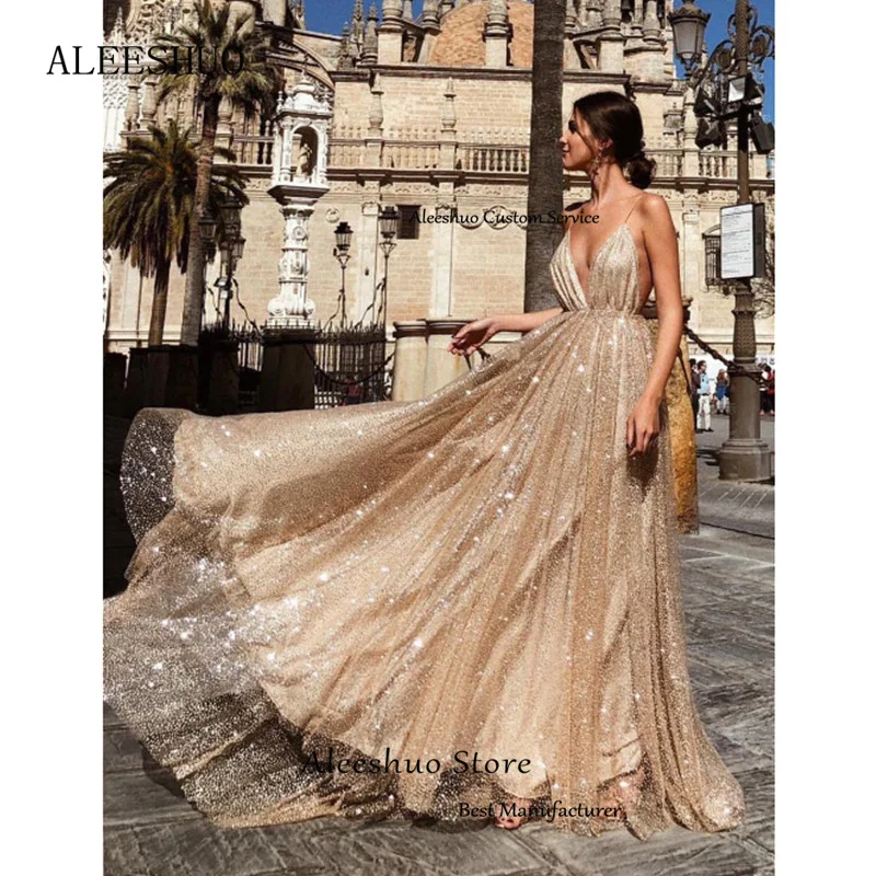 Aleeshuo Exquisite Sequin Lady Prom Dress Spaghetti Strap Evening Dress A-line V-Neck Folds Party Dress فساتين سهره فاخره