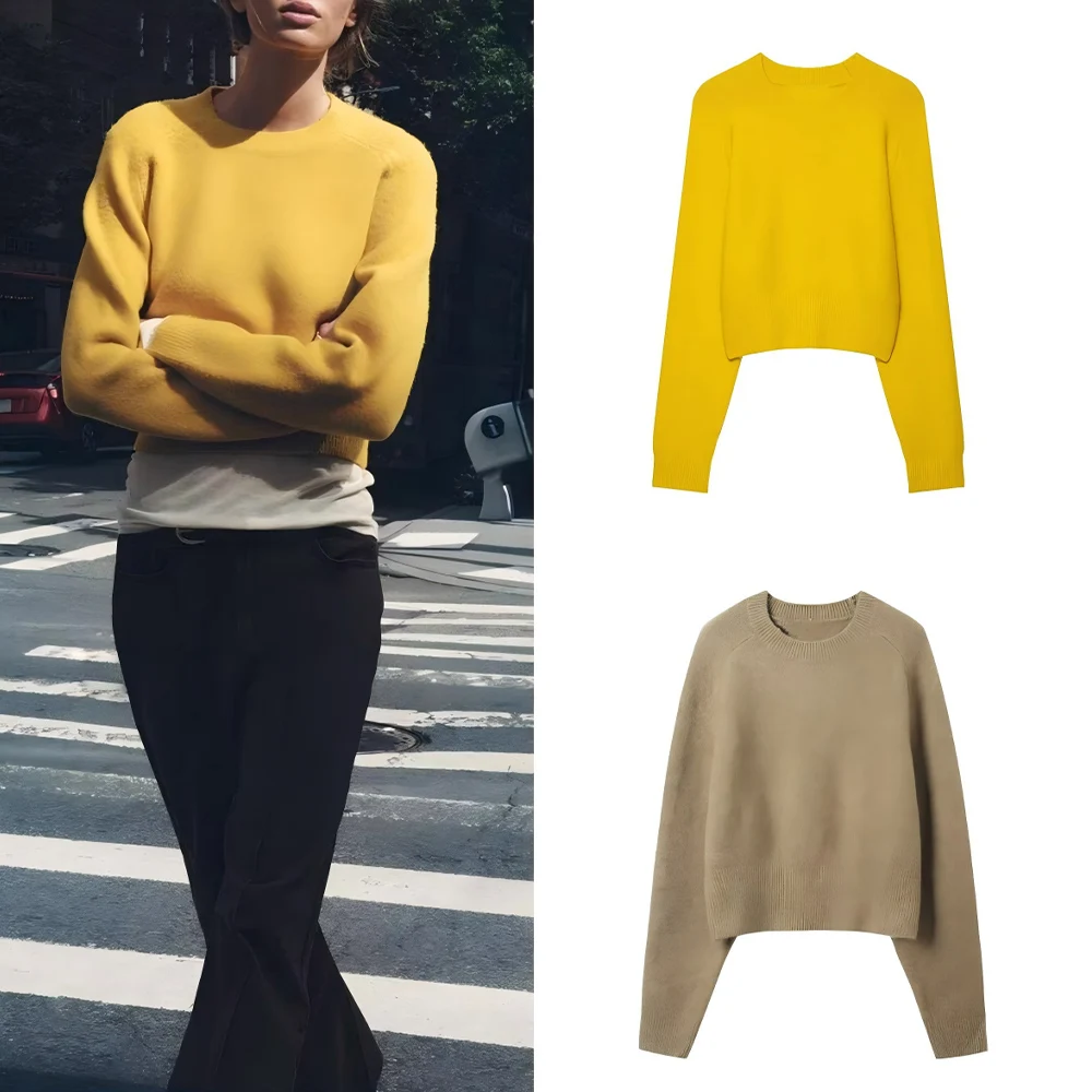 

Women's new fashion short soft texture round neck knitted sweater retro long sleeved women's pullover chic top