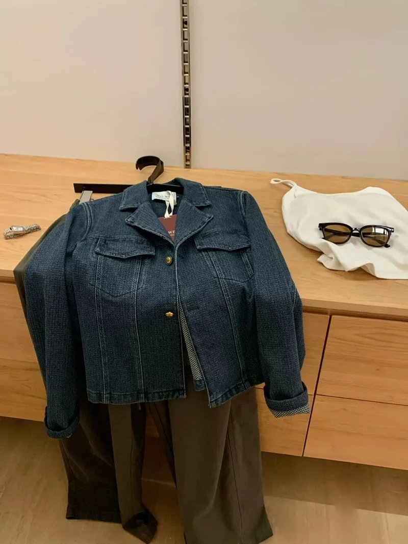

Retro Korean Chic Blue Long Sleeve Collared Denim Jacket Loose Fit Slimming Versatile Youthful Spring Autumn Women's Top