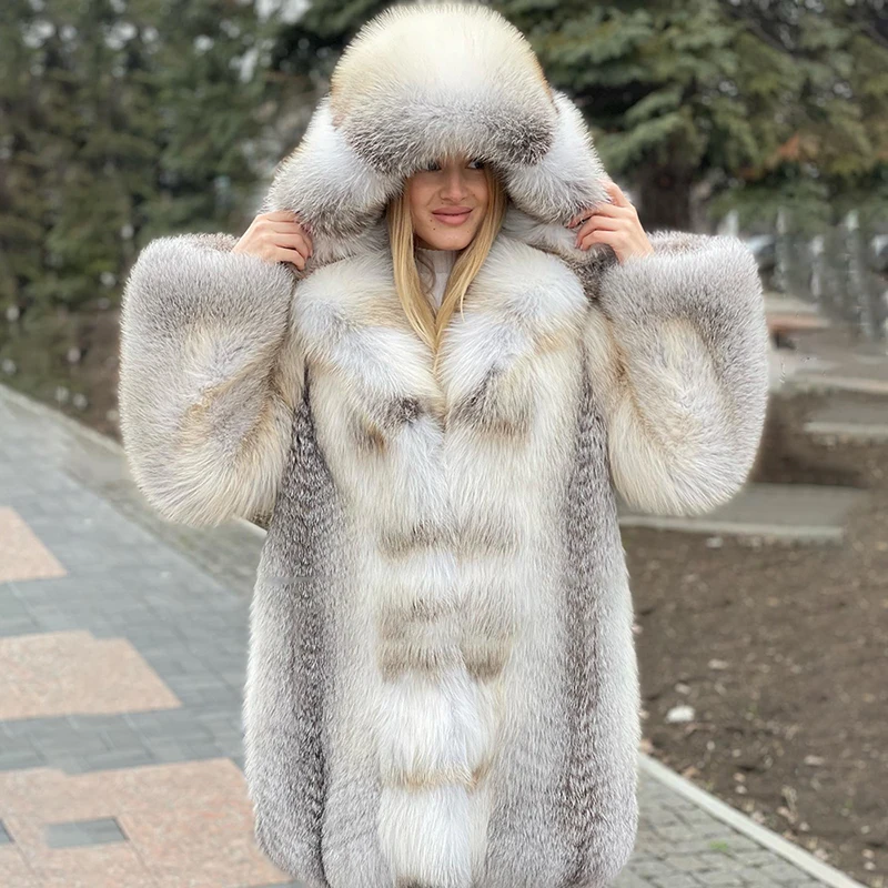 Natural Fox Fur Jacket Woemn Winter Luxury Thicken Outertwear 2022 New Hooded Fur Collar Loose Genuine Real Fox Fur Coat Lady