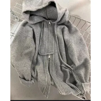 Gray Hooded Sweater Coat Women Spring Autumn Double Zipper Long Sleeve Loose Knitted Cardigans Simple All-matched Hoodies