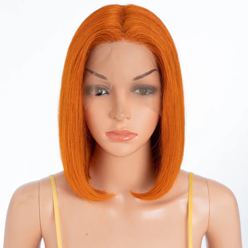 14Inch Korte Gember Oranje 180 Dichtheid Rechte Kanten Pruik Voor Zwarte Vrouwen Met Baby Haar Lijmloze Synthetische Pretokkelde Dagelijks