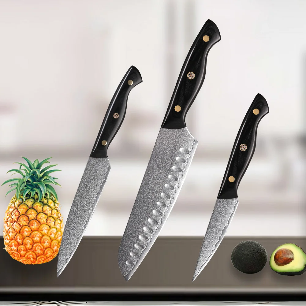 

Sharp Damascus Steel Kitchen Knife, Chef Knife, Peeling Utility, Vegatable Cutter, 3 Pcs Set