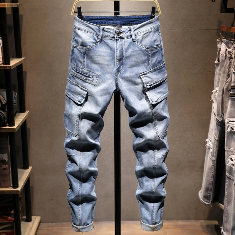 Men's Y2K Fashion Washed Nostalgic Elastic Slim Fit Jeans Blue High Street Designer Retro Style with Pocket Decoration