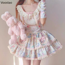 Sweet Lolita Princess Dress Set Women Kawaii Cartoon Print Bow Tea Party Dresses Japanese Girls Cute Blouse Skirt 2 Piece Sets