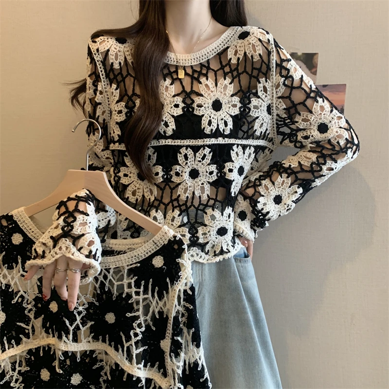 

M-XXXL вязаный крючком свитер с длинными рукавами, прозрачный открытый вязаный укороченный вязаный топ, пуловер для женщин-подростков, осенне-зимний пляжный наряд в стиле бохо