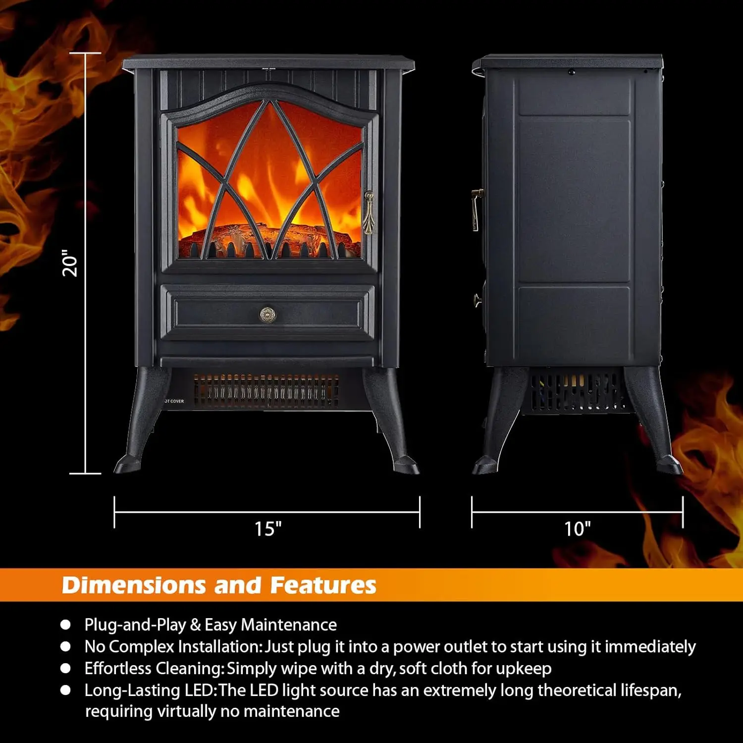 Fogão elétrico autônomo, 1500W com chama LED 3D realista, brilho e termostato ajustáveis, 2 configurações de calor, O