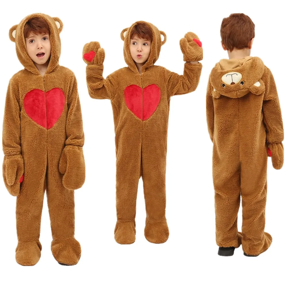 Children Love Bear Jumpsuit Performance Costume Kids Boys Cartoon Cosplay Hooded Outfits Halloween Carnival Party Suit