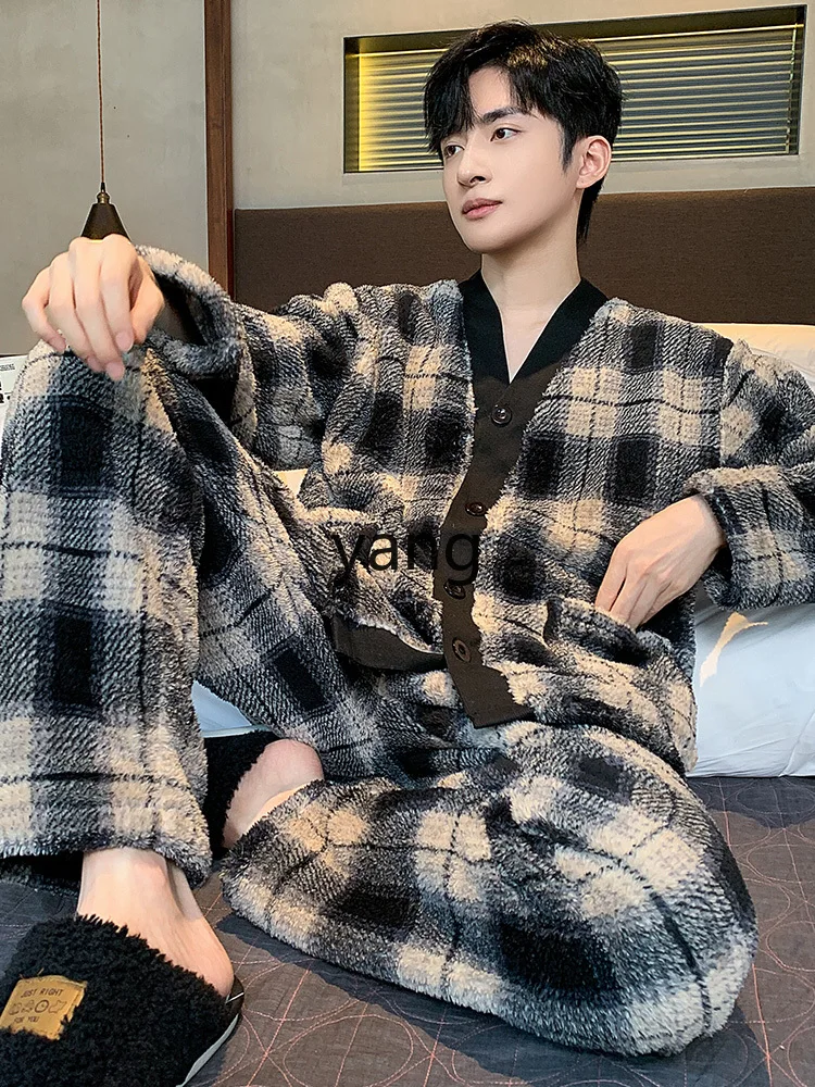 LMM Thickened Fleece Autumn and Winter Men's Teen Large Size Homewear Set