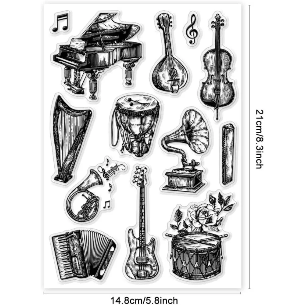 1Sheet Instrument Clear Stamps Musical Rubber Stamp Piano Rubber Stamp Violin Stamp Transparent Stamps 8.3x5.8inch/21x14.8cm
