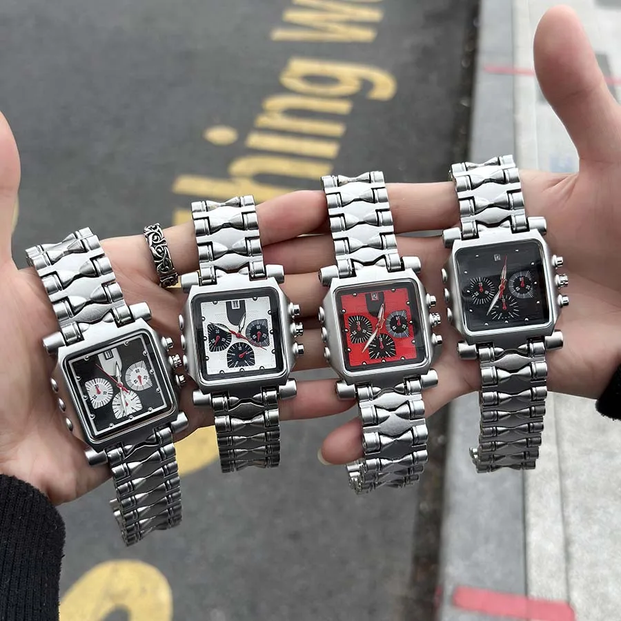 Men Y2K Retro Square Quartz Watch Multifunctional Calendar Chronograph Stainless Steel Band Sports Business Male Wristwatch Gift