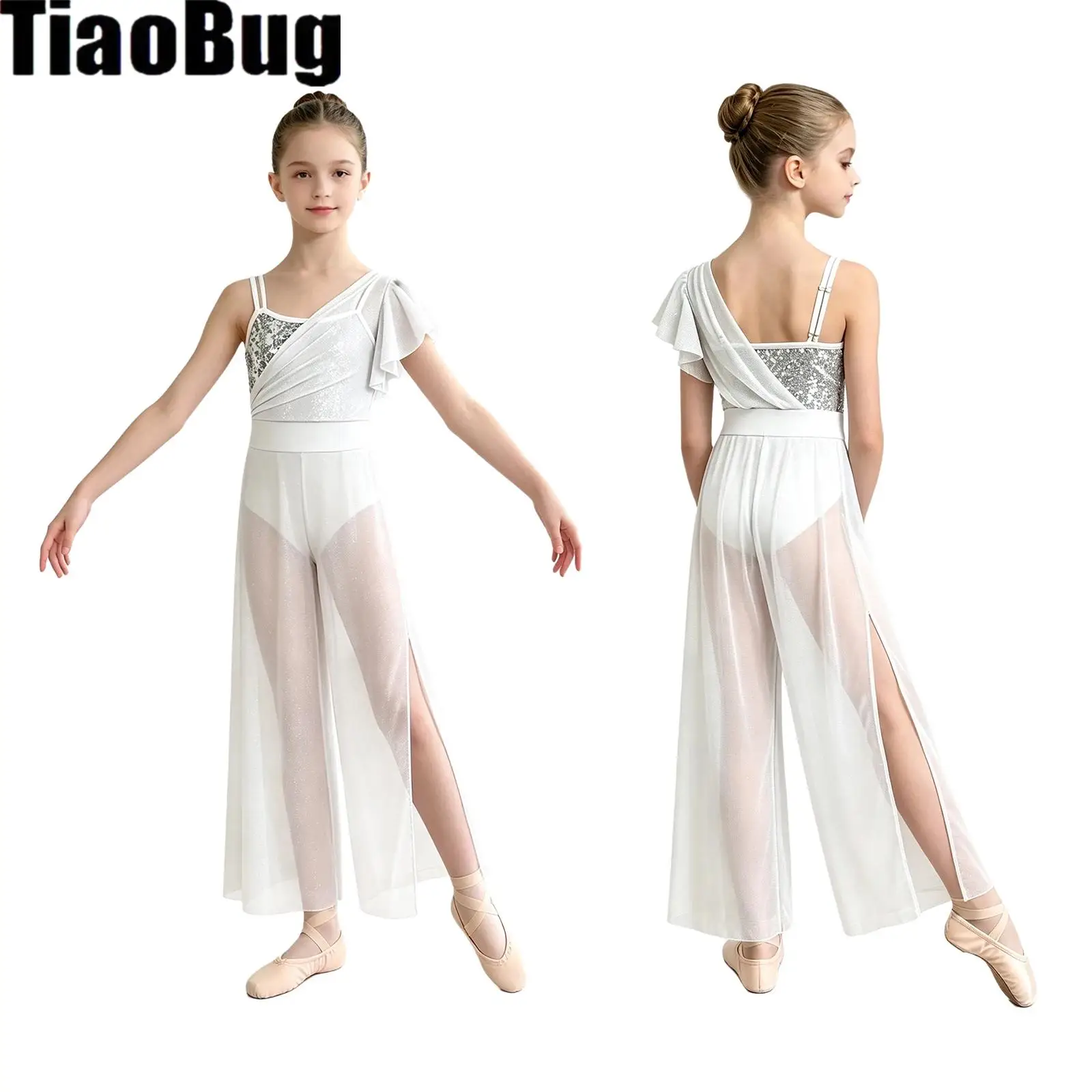 Kids Girls Lyrical Dance Bodysuit Shimmery Mesh Asymmetrical Shoulder Side Zipper Side-split Wide-leg Bodysuit with Briefs