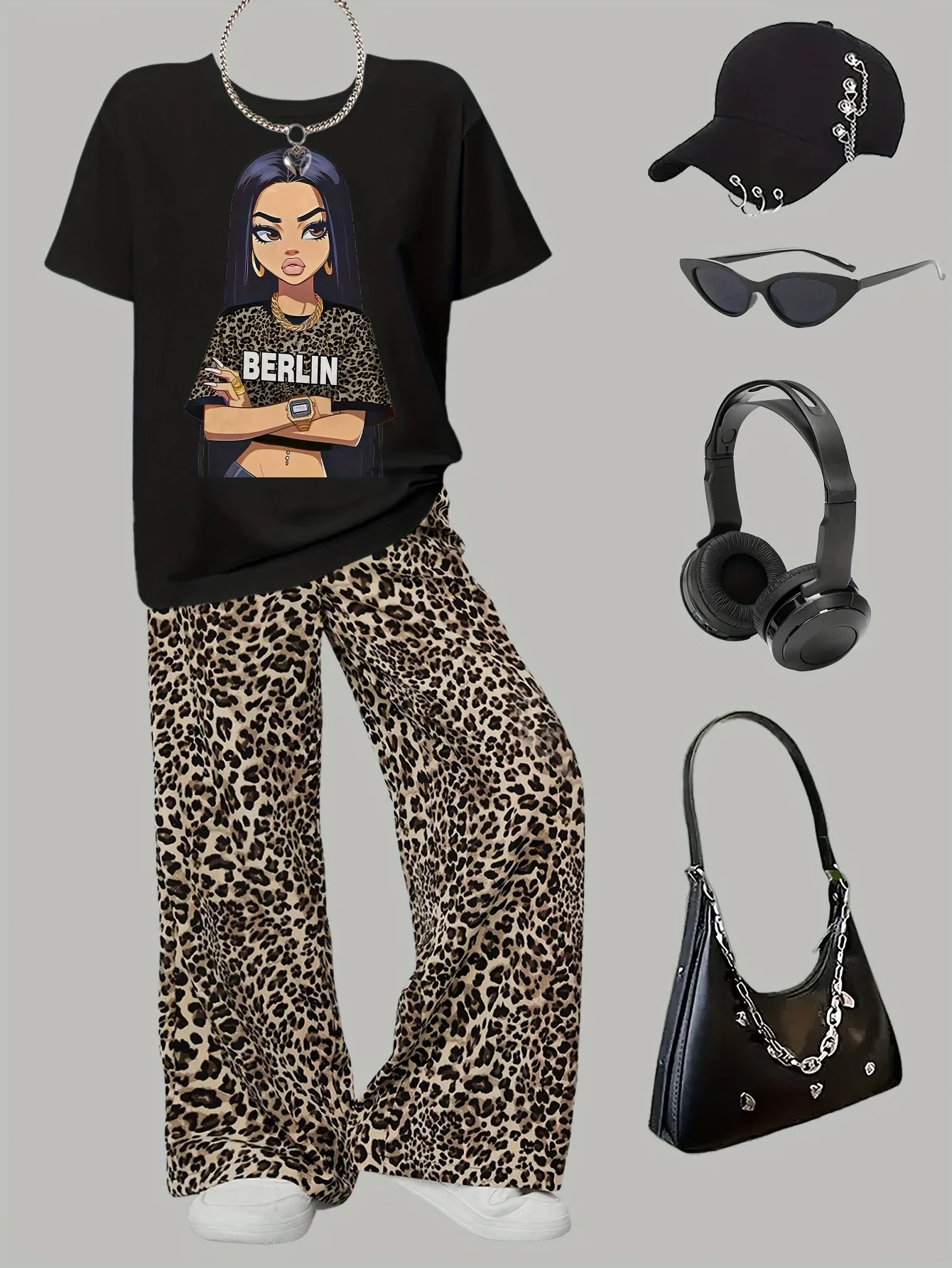 Comfy Girls 2‑Piece Set, Soft Breathable Cartoon Print Top + Leopard Print High Waist Wide Leg Pants for Outdoor & Clubwear