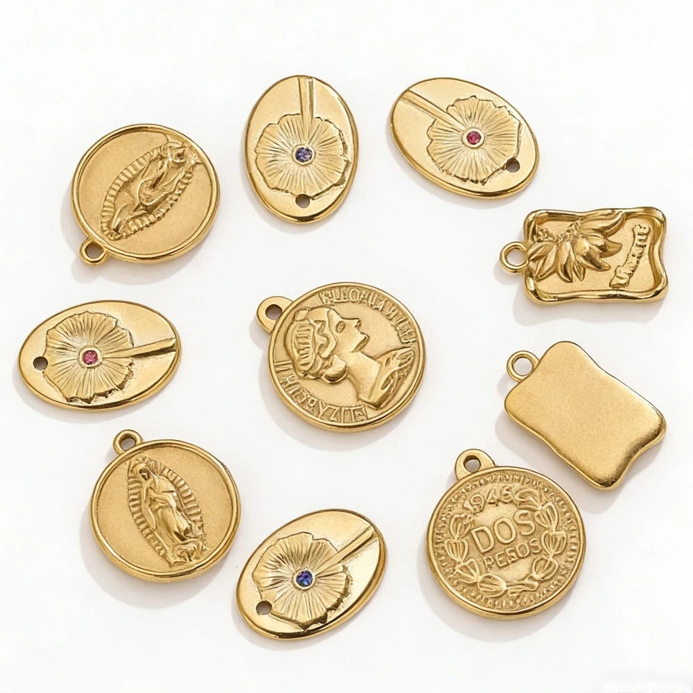 

5PCS Religious Vintage Coin Charms Mary Floral Gemstone Pendants 18K Gold Stainless Steel for DIY Necklace Bracelet Jewelry