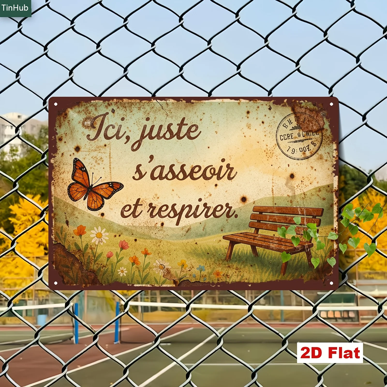 2D Flat - 2DFLAT 2D Flat 1pc Vintage French Slogan Sign Decorative Plaque - French-Style Pastoral Scenery with Butterfly and Ben
