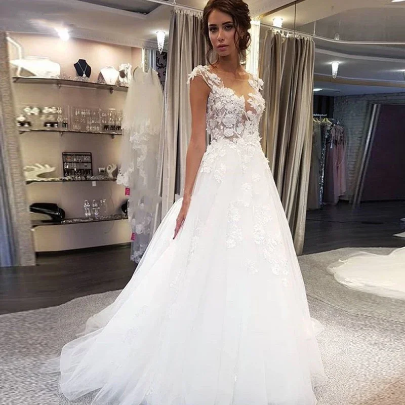 

MYYBLE Beach Cheap Wedding Dresses Sheer Scoop Neckline Cap Sleeves Floral Appliques Button Back Vestido De Noiva Bridal Dresses