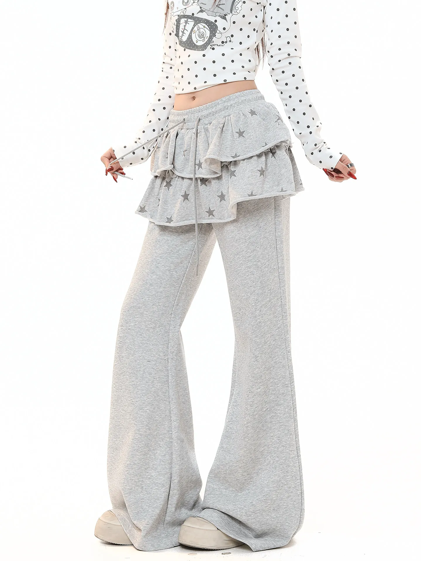 Casual High Waist Flared Pants Women's Spring Autumn  Skirt Design Slimming Leisure Sweatpants Fake Two-Piece