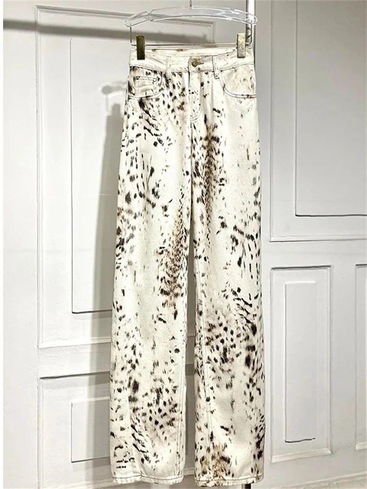 

Leopard Print Straight Wide Leg Jeans Women High Waisted Retro Jeans Streetwear Y2k Vintage Pants High Street Denim Trousers