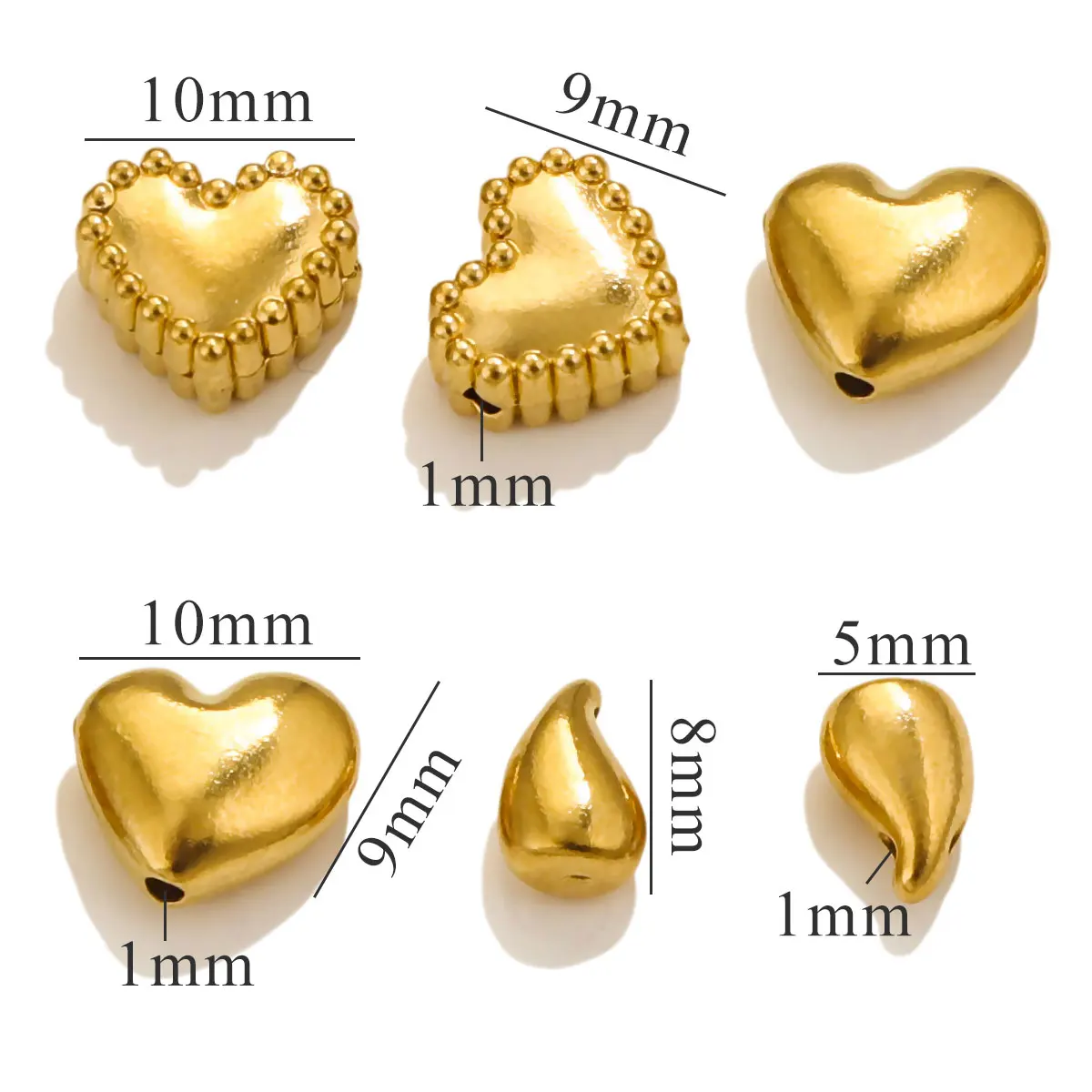 10 PCS Exquisite Solid Stainless Steel Heart Straight Hole Horizontal Hole Bead DIY Retro Gold Necklace Bracelet Spacing Bead