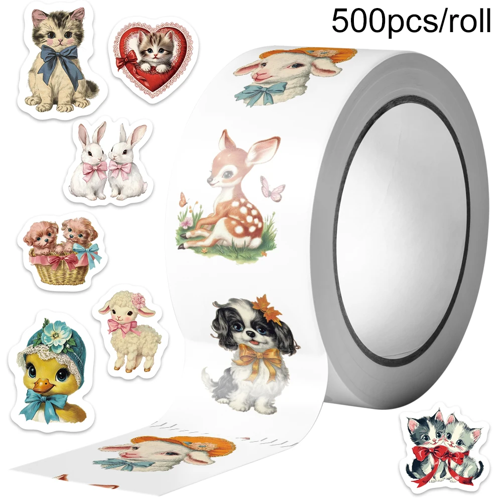 500pcs/roll Retro Aesthetic Cartoon Cat Dog Lamb Animals Stickers For Laptop Luggage Guitar Phone Vinyl Decals (10 Patterns)