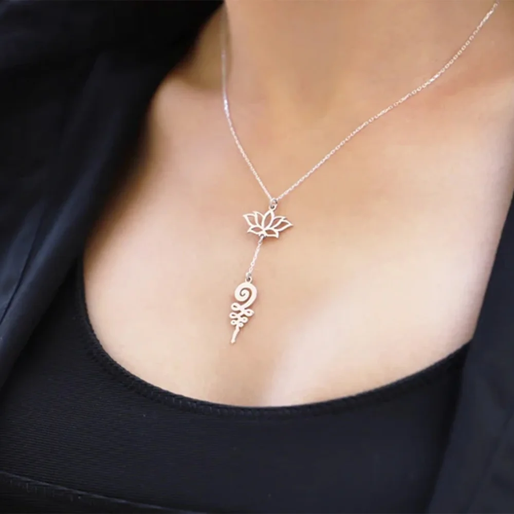 Lotus Stainless Steel Necklace Art Flower Pendant Unalome Hollow Women's Jewelry Fashion Exquisite Mother's Day Gift