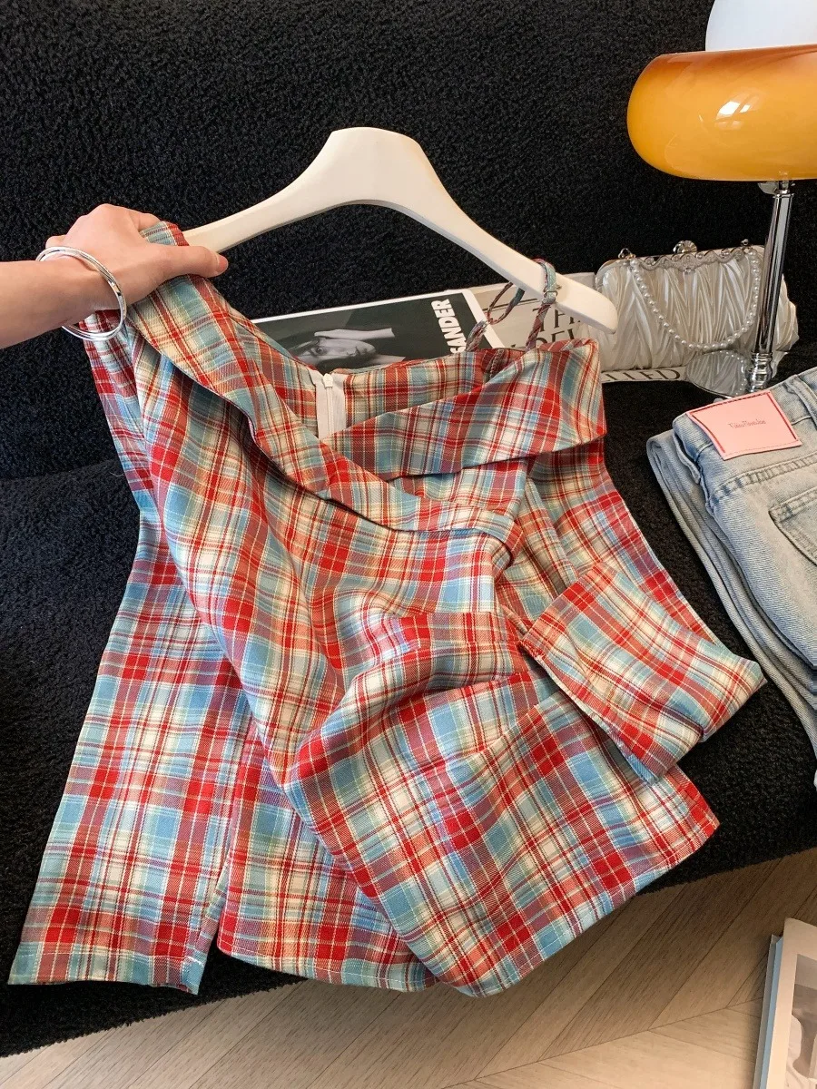 

Ретро-рубашка женская с длинным рукавом в клетку, с цветовыми блоками, весенний дизайн, с открытыми плечами, элегантная, нежная и дерзкая, с эффектом утяжки талии