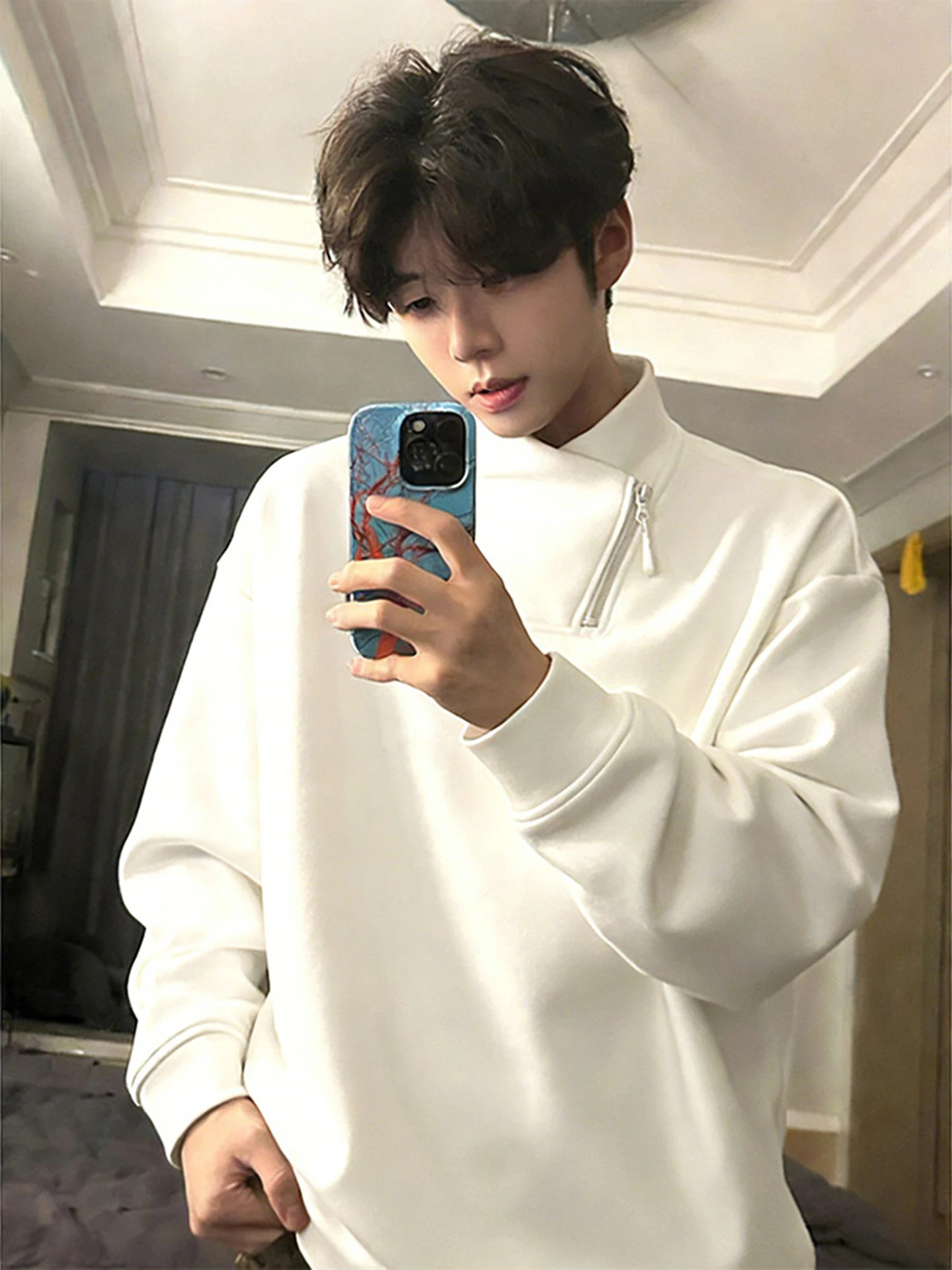 

American Style Cross V-Neck Slant Zipper Hoodie Men's Autumn Winter Fleece Lined Long Sleeve T-Shirt Heavy White Inner Shirt
