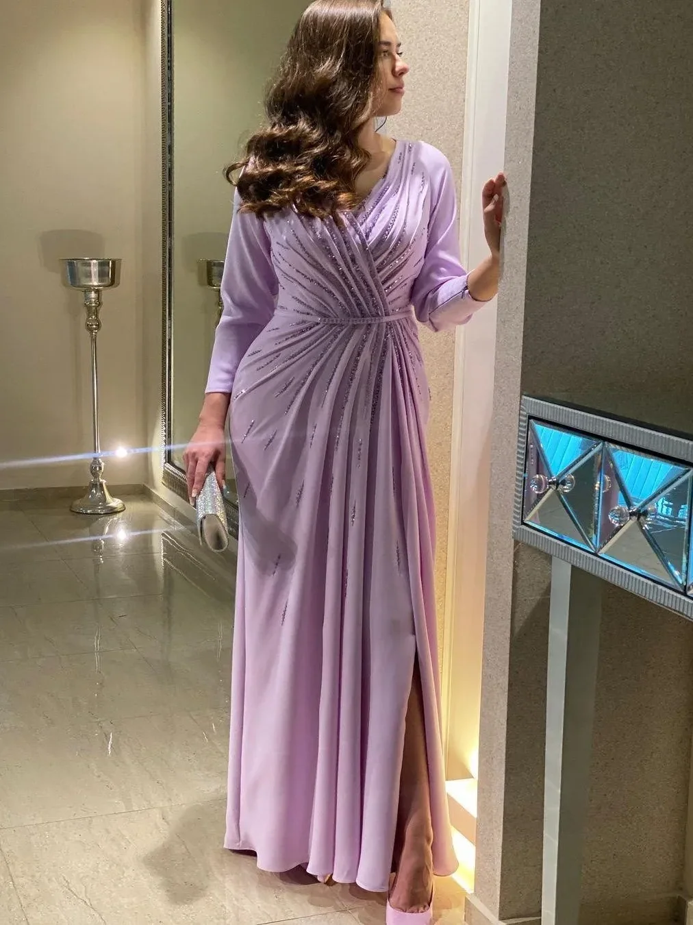 Oisslec Evening Gowns for Women Elegant Party Saudi Arabia V Neck Beaded Long Sleeves Prom Dresses Side Slit Wedding Guest