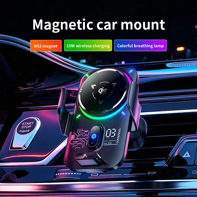 BK62P 15W Magnetic Wireless Chg – N52 Suction, IR Auto Open/Close, One-Key 90° Rotation, RGB Light for iPhone 12-16 & Android