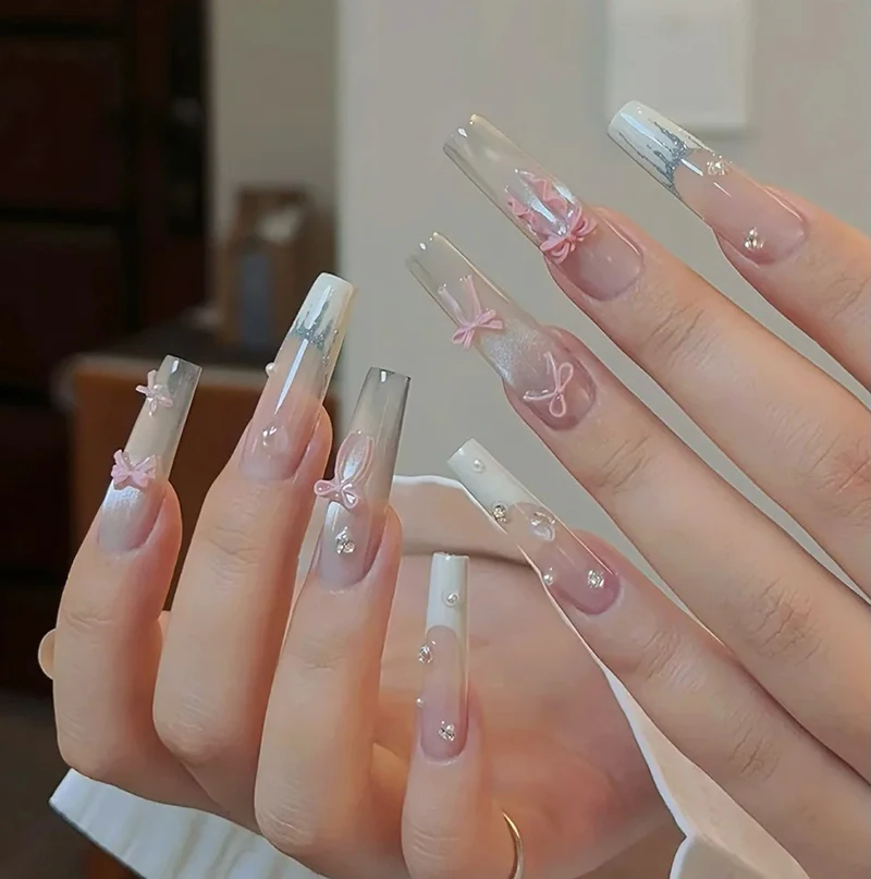 5d Embossed Nail Art Stickers Summer Jelly Cherry Pink Blue Bowknots French Tips Stripes Sliders Decals Decorated Nail Manicures