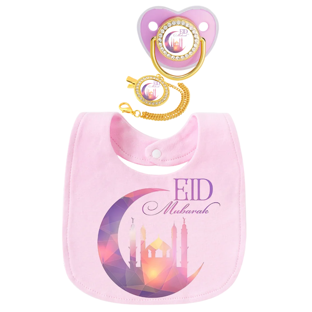 Baby Muslim Print Drool Bib Bandana with Pacifier Nipple Soother Clip Holder Strap Silicone Soft Cotton Cute 0-12 Months