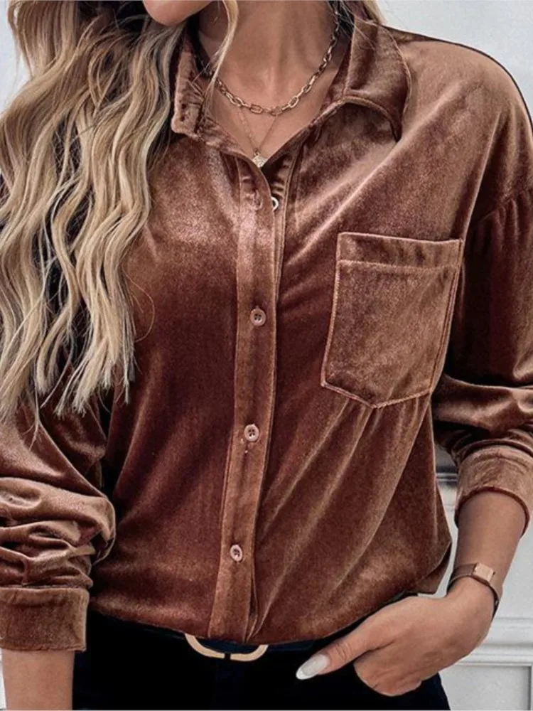 2024 nueva primavera otoño Color sólido terciopelo camisa cuello Casual manga larga camisa de un solo pecho con bolsillos Top