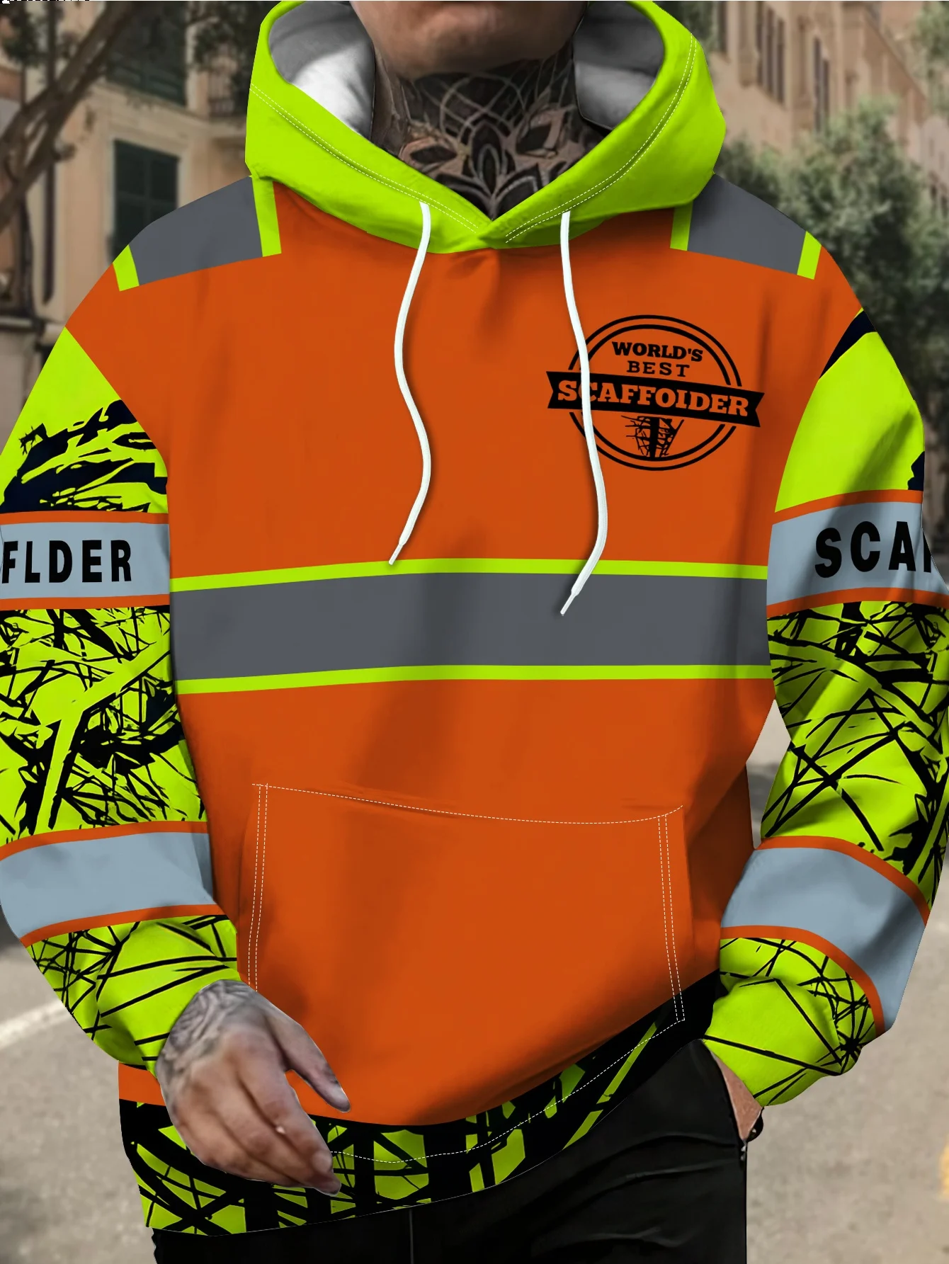 Men Women Streetwear Hoodie Scaffolder Hi-Vis Safety Reflective Orange Print Pullover Hooded Sweatshirt Hip Hop Sport Tops