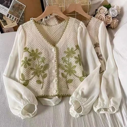 Spring Crochet Knit Cardigan for Women V-Neck Puff Long Sleeve Embroidery Floral Jacket Retro Button Down Knitwear Coat