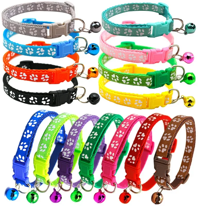 Adjustable Cat Pet Collar Cute Paw Print Cat Collar with Bell Buckle for Small Puppy Kitten Cat Supplies Pet Accessories