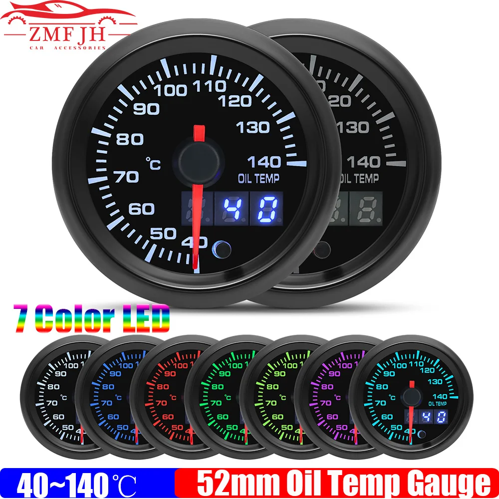 Pointer 40~140℃ Oil Temperature Gauge with Sensor 1/8NPT 7 Colors Digital 52mm Oil Temp Meter for Gasoline Racing Car 12V