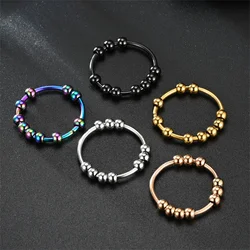 Fidget Anxiety Ring for Women Black Gold Silver Color Stainless Steel Spinner Rotate Beads Anti-Stress Rings For Men Jewelry