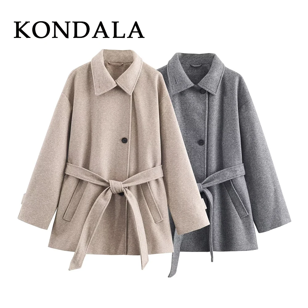 

KONDALA шикарная женская серая уличная одежда, модная осенняя куртка 2025 года, однобортное короткое пальто с карманами и поясом, элегантная женская верхняя одежда