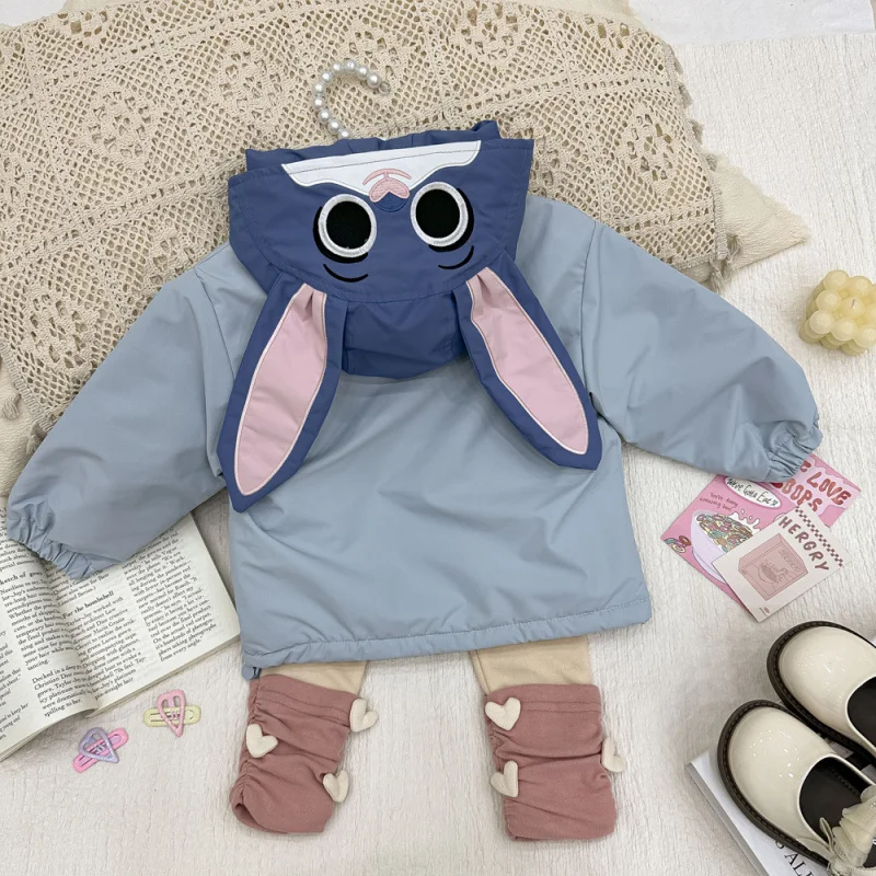 Girls' Coat2024Autumn and Winter New Western Style Baby Girl Coat Rabbit Officer Fleece-lined Shell Jacket Love Warm-Keep