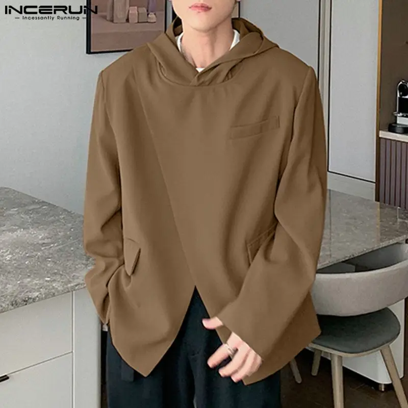 INCERUN Tops 2023 Korean Style Handsome Men's Hooded Diagonal Placket Design Suit Solid Well Fitting Casual Street Blazer S-5XL