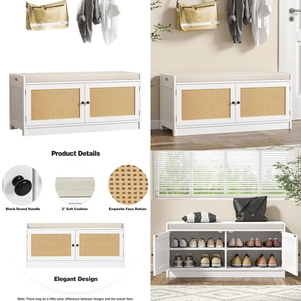 مقعد تخزين أحذية الروطان باللون الأبيض على طراز بوهو مع وسادة للممر وغرفة النوم