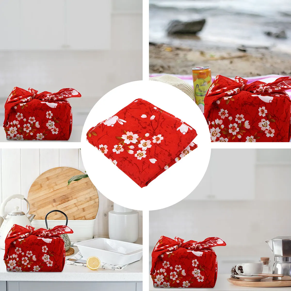 

Japanese Handkerchief Bento Wrapping Cloth Flower Rabbit Tablecloth Red Cherry Blossoms Kitchen Bar Supplies Easy Clean