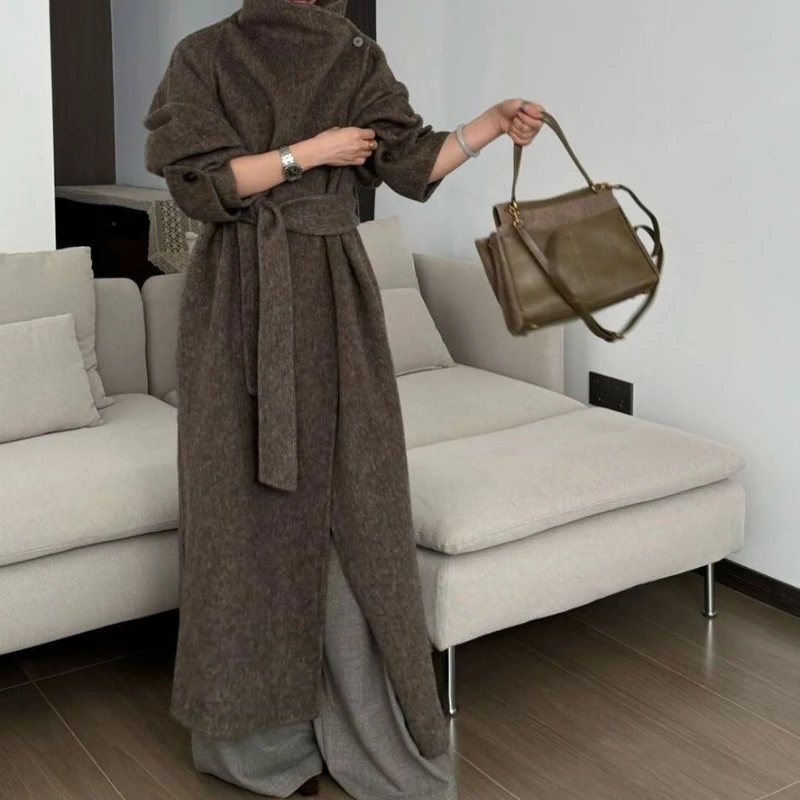 

Temperament: Mid-length Woolen Jacket 2025 New Waist Lace-up Slimming Loose Commuter Coat for Women
