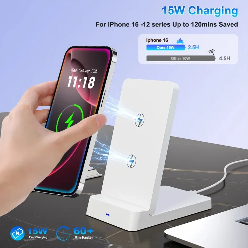 VIKEFON شاحن لاسلكي الهاتف سطح المكتب حامل قابل للطي حامل آيفون 17-12 برو ماكس سامسونج S24 Xiaomi محطة شحن سريع