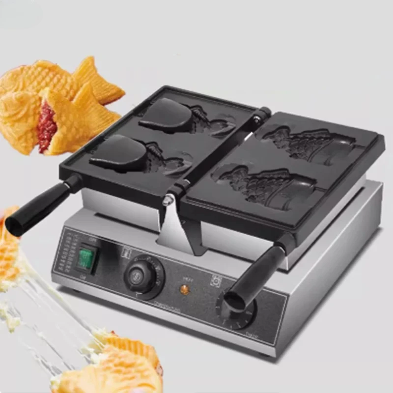 Commercial Electric 2pcs Open Mouth Fish Shape Taiyaki Maker Ice cream Cone Taiyaki Machine Waffle Cone Bakery Waffle Machine