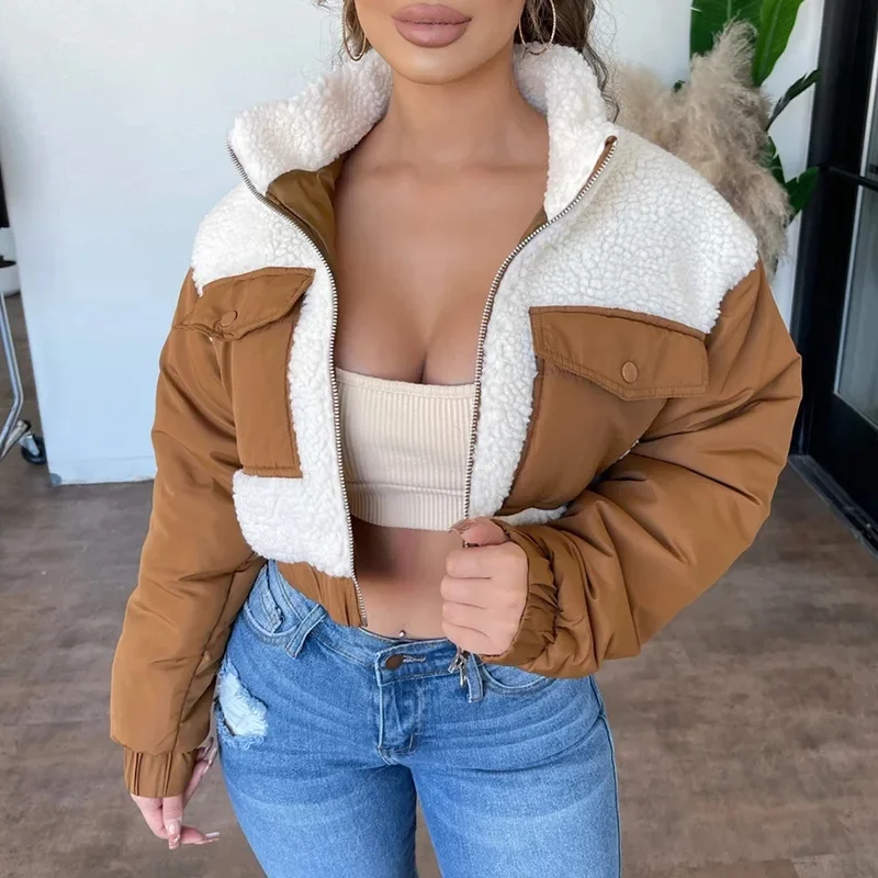 

Women Winter Long Sleeve Patchwork Zipper Up Jackets Streetwear Fashion Coat Tops Lamb Wool Stitching Cropped Jackets Kpop