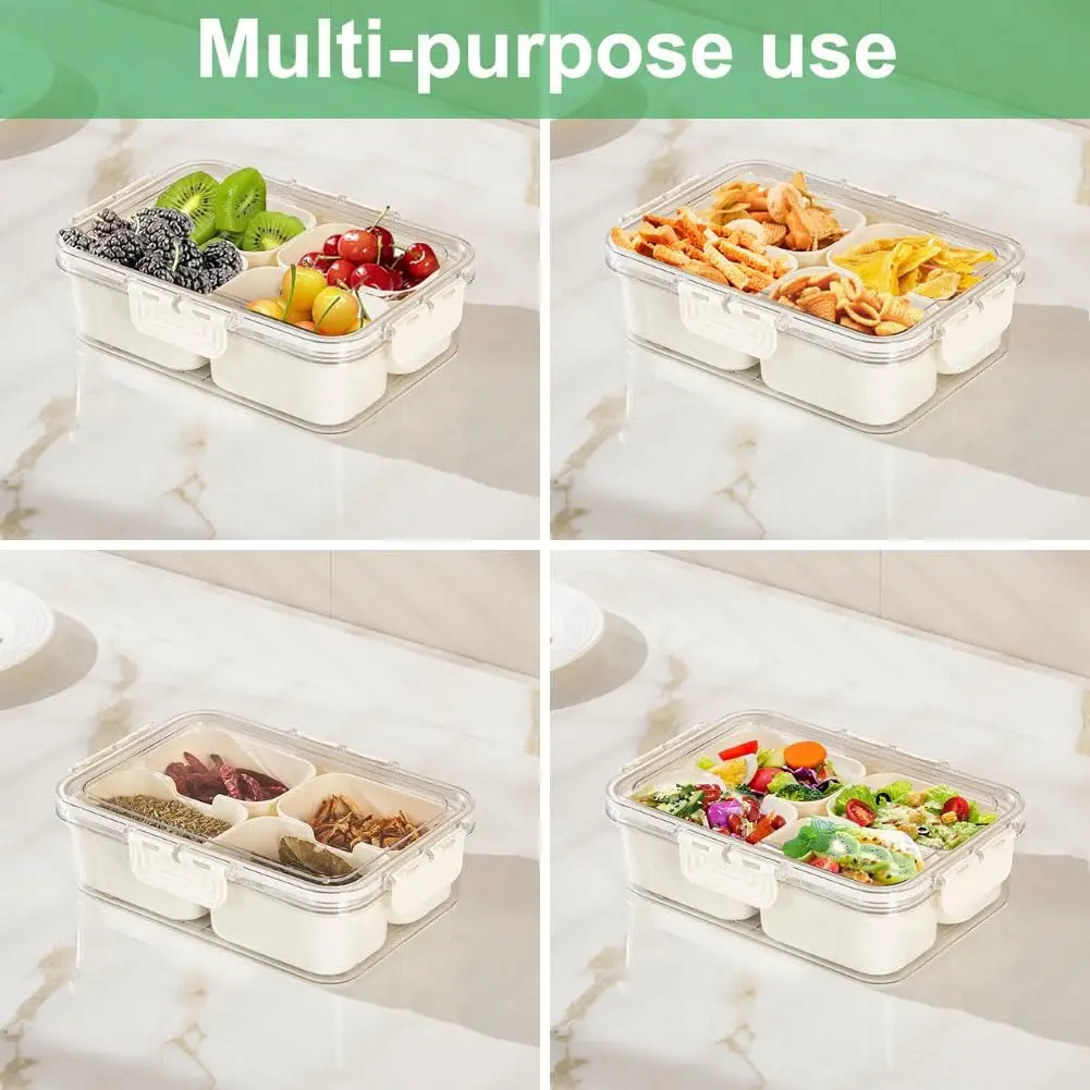 Portable food storage box, snack storage box, 4 compartments with lids, separate serving tray, kitchen snack box, fruit food con - view 4
