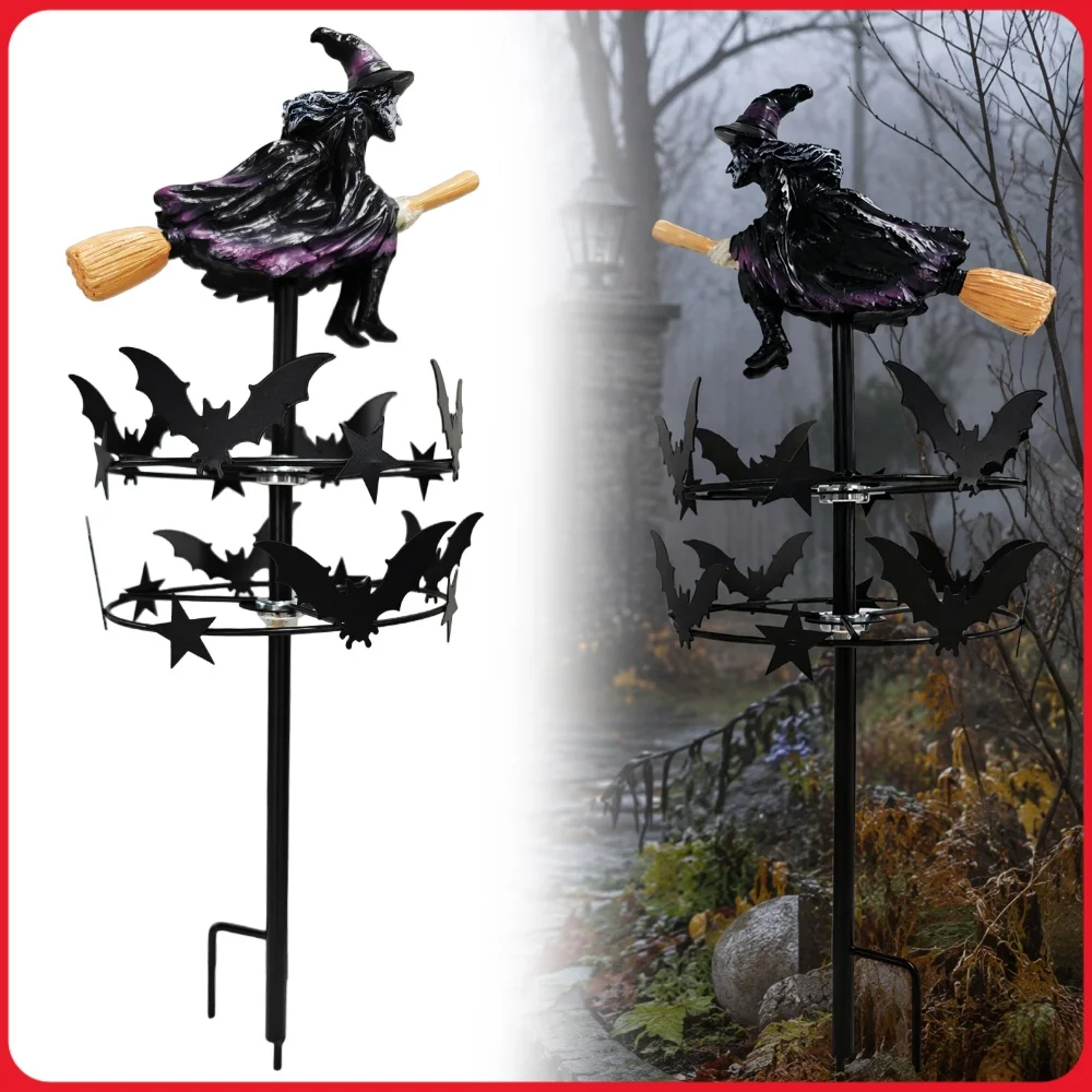 Mystery Witch Garden Wind Spinner Outdoor Witch Garden Stake Halloween Lawn Ornament for Lawn Yard Flower Bed Walkway